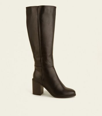 Wide Fit Black Leather-Look Heeled Knee 