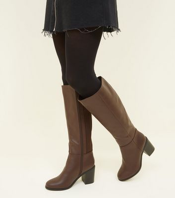 Wide Fit Brown Leather Look Heeled Knee High Boots