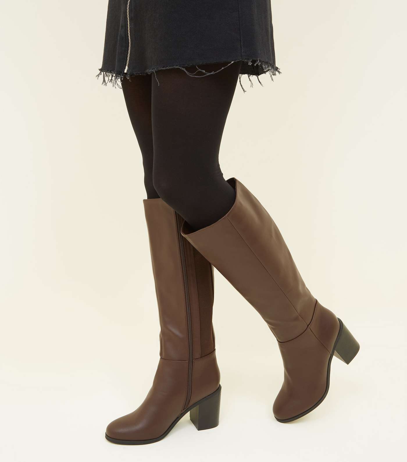 Wide Fit Brown Leather-Look Heeled Knee High Boots Image 2