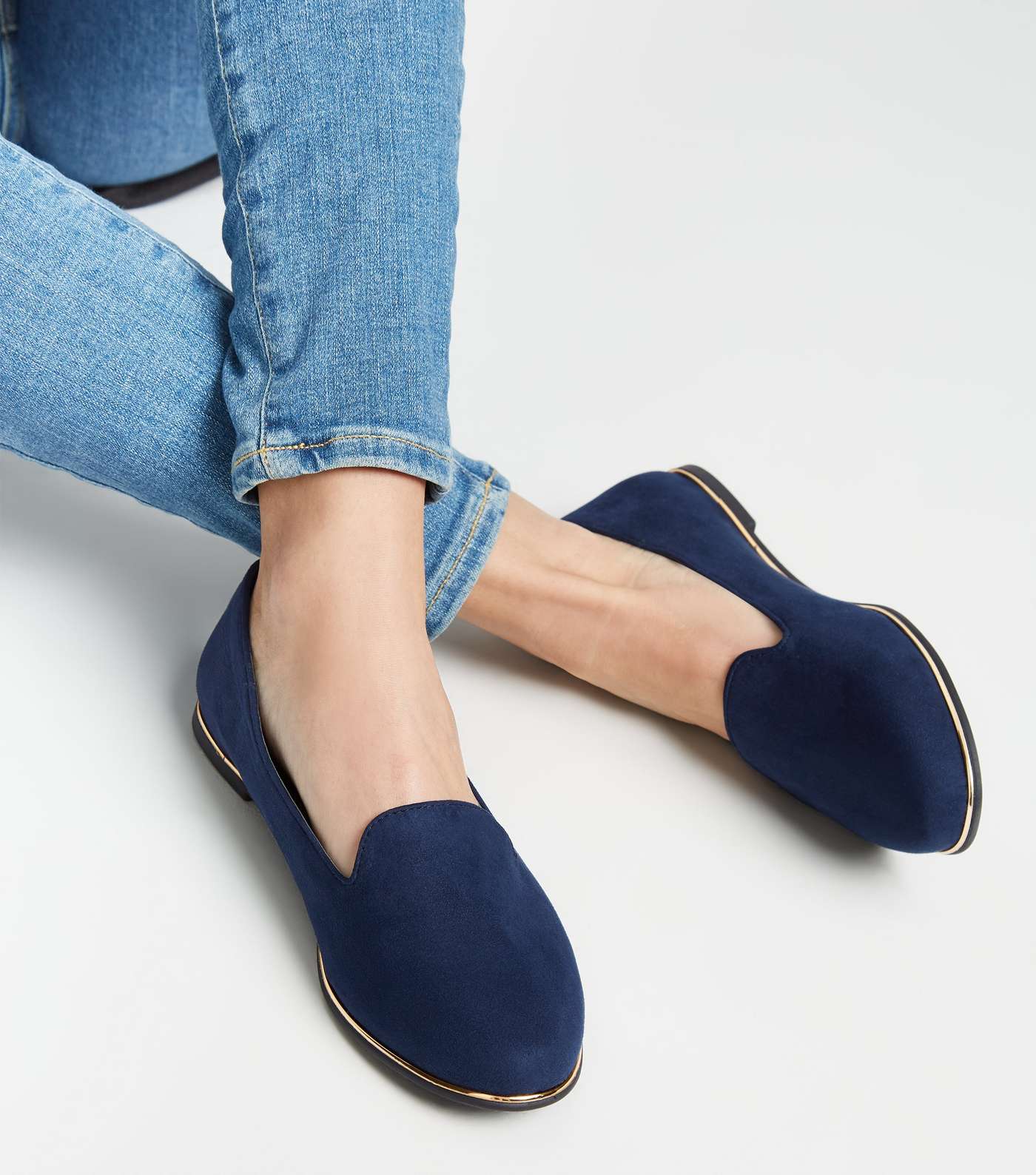 Wide Fit Navy Suedette Metal Trim Loafers  Image 2