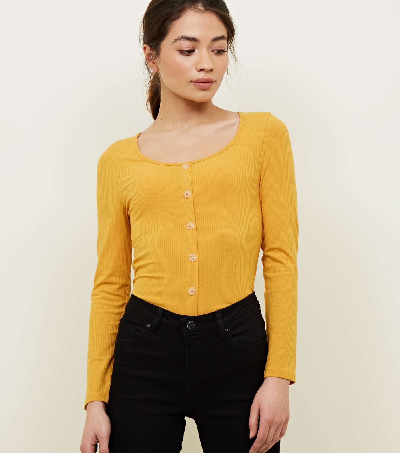 Petite Mustard Button Front Ribbed Top