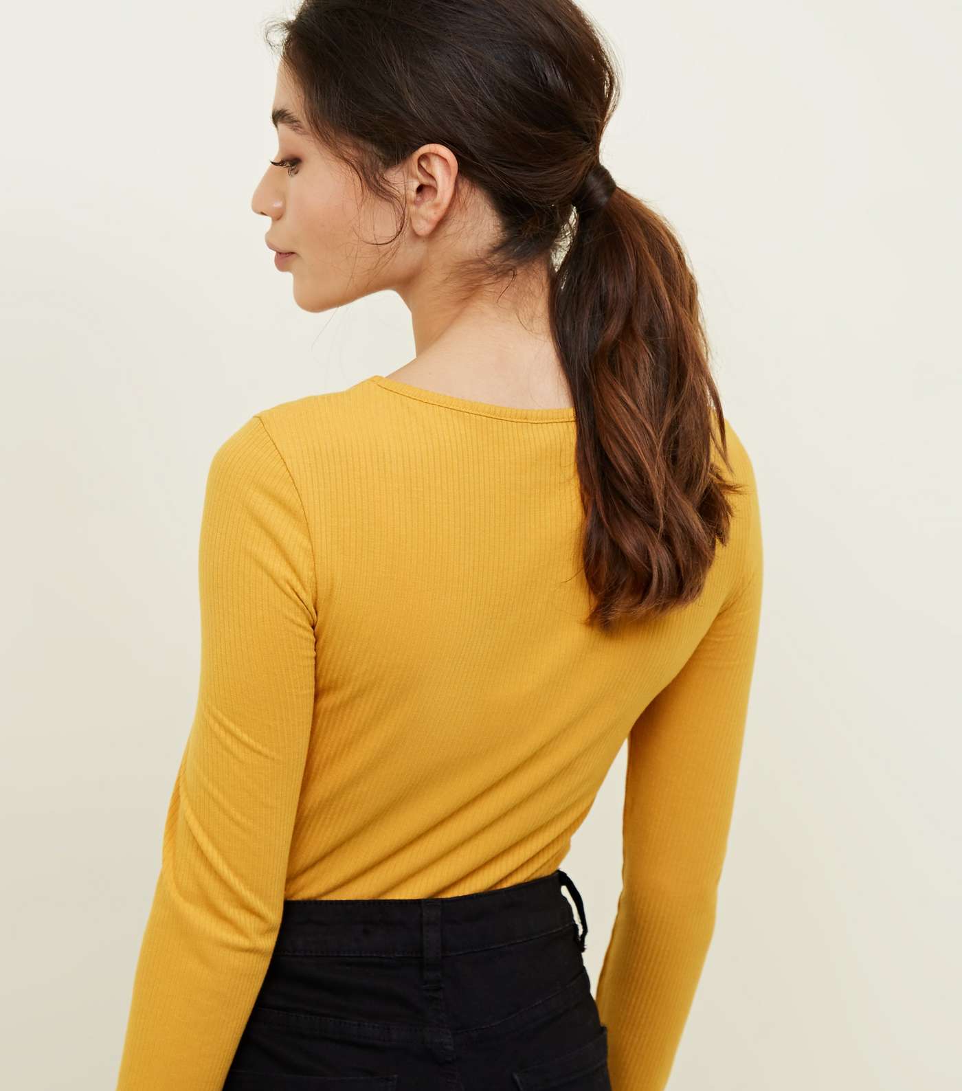 Petite Mustard Button Front Ribbed Top Image 3