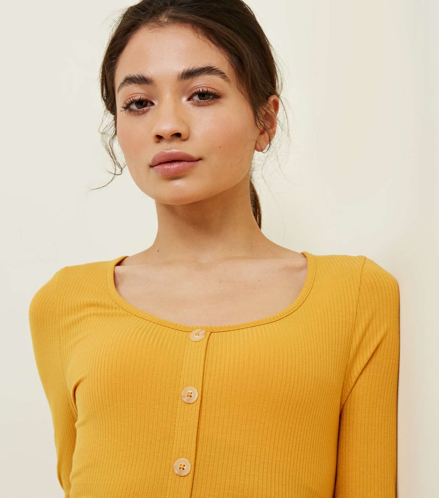 Petite Mustard Button Front Ribbed Top Image 5