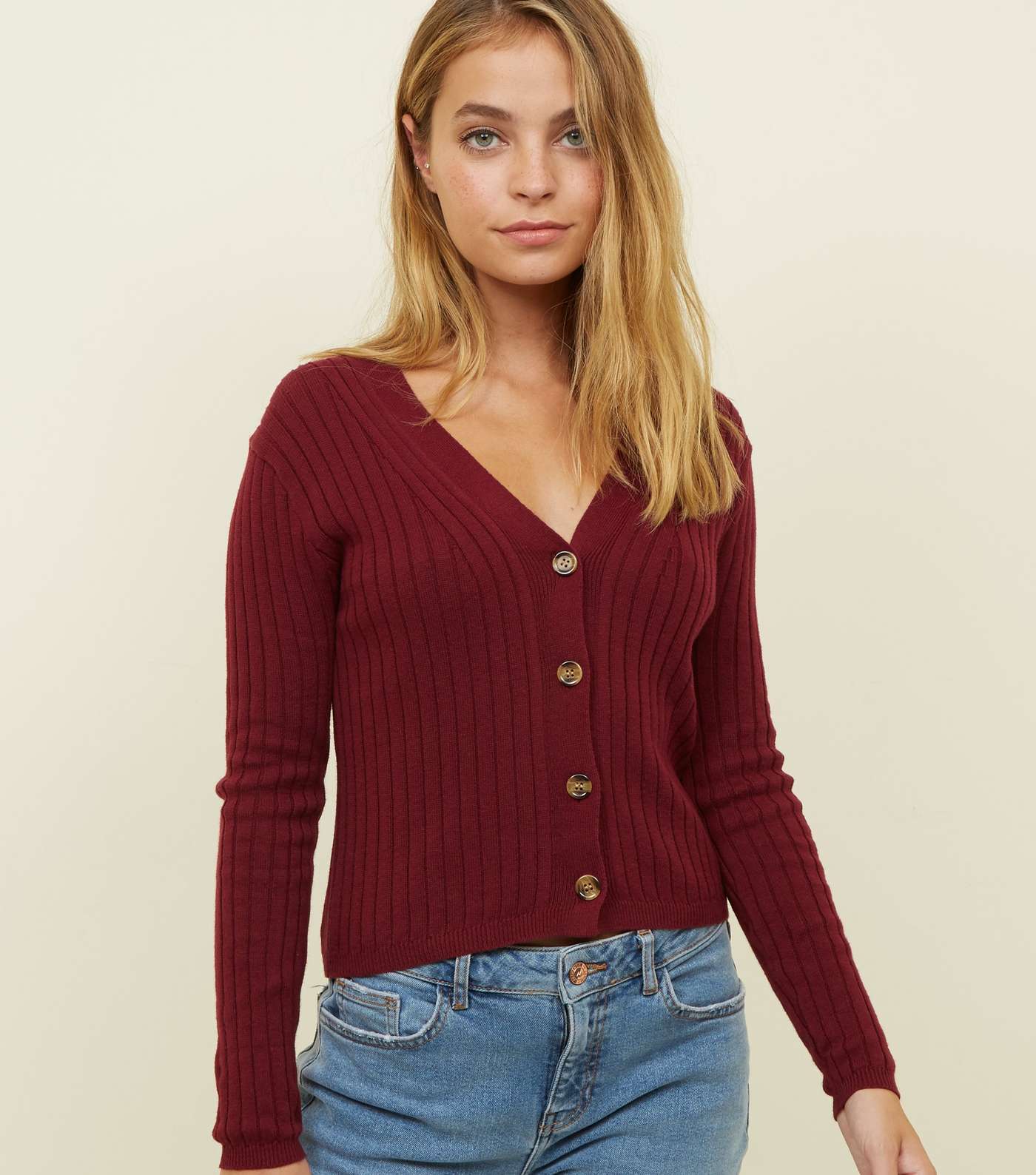 Petite Plum Ribbed Faux Horn Button Up Cardigan
