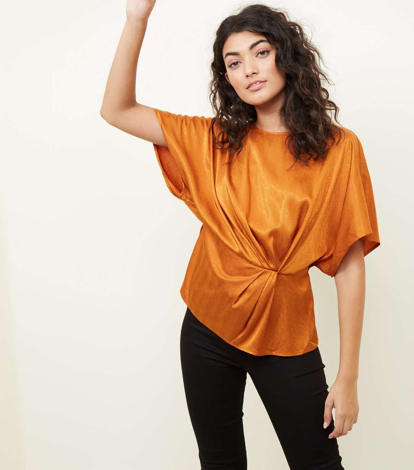 Rust Satin Feather Texture Twist Front Top