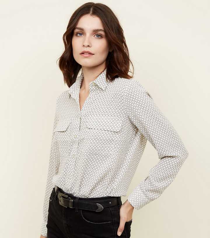 White Geometric Patch Pocket Front Shirt