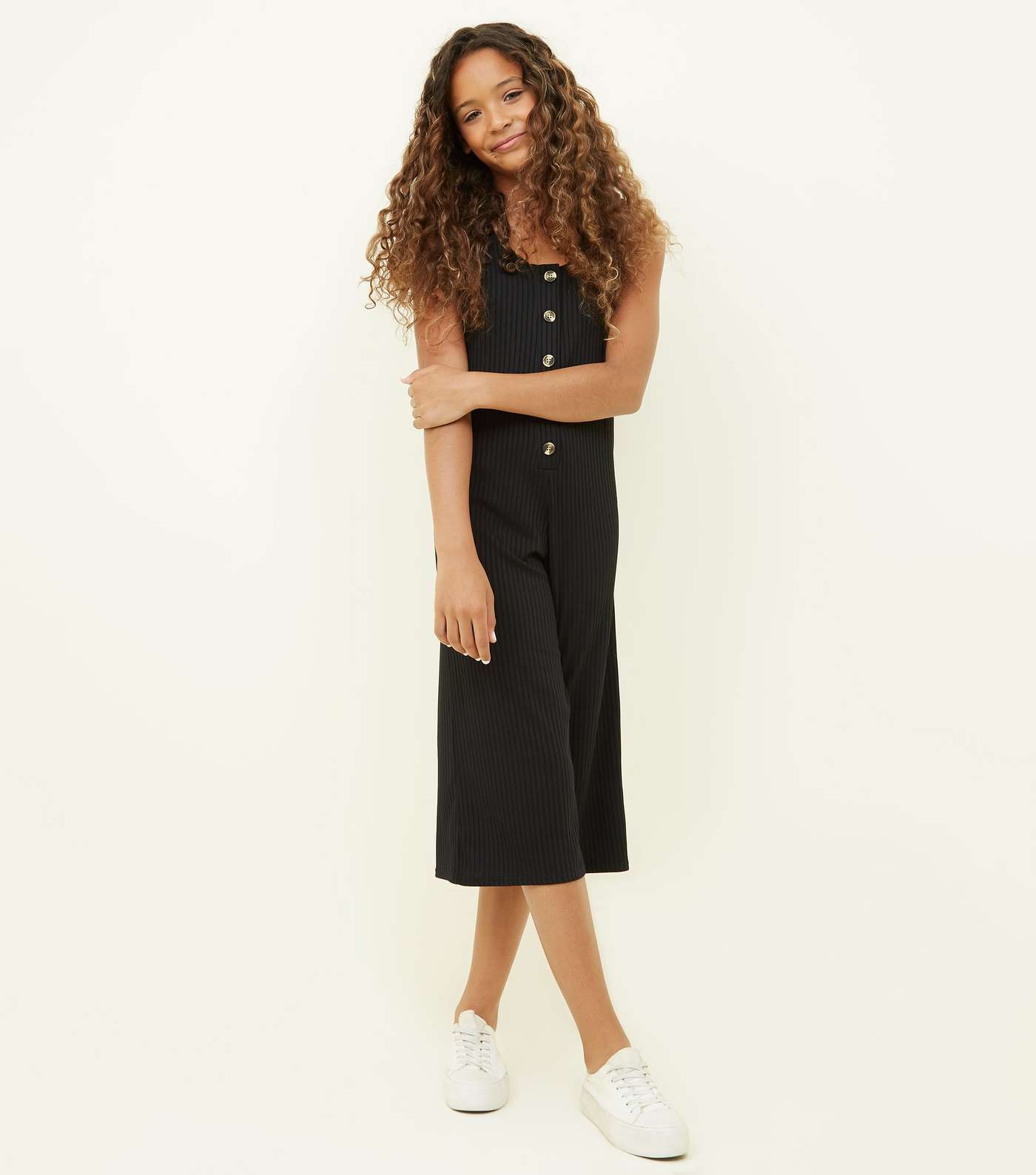 Girls Black Button Front Ribbed Jumpsuit