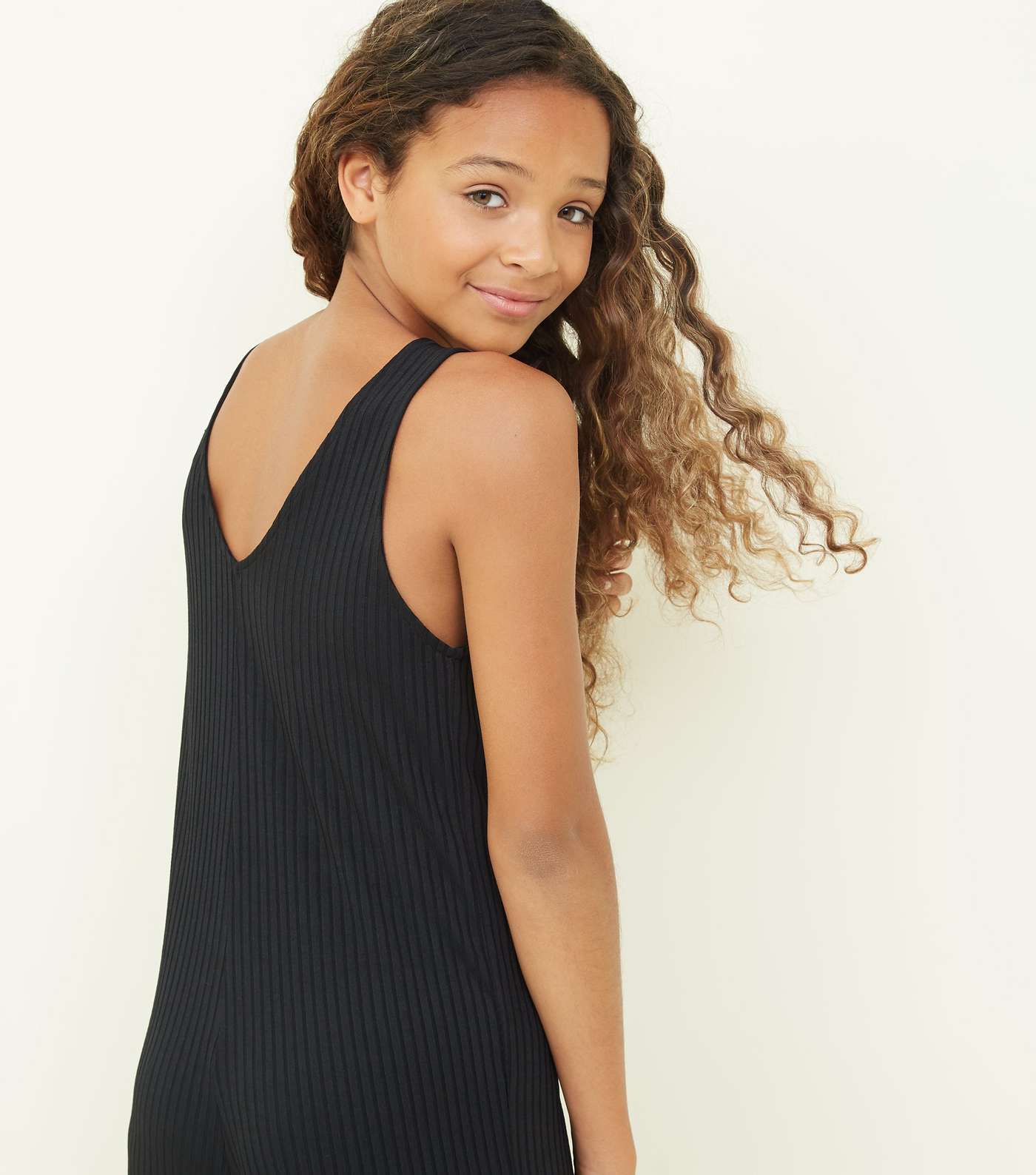 Girls Black Button Front Ribbed Jumpsuit Image 3