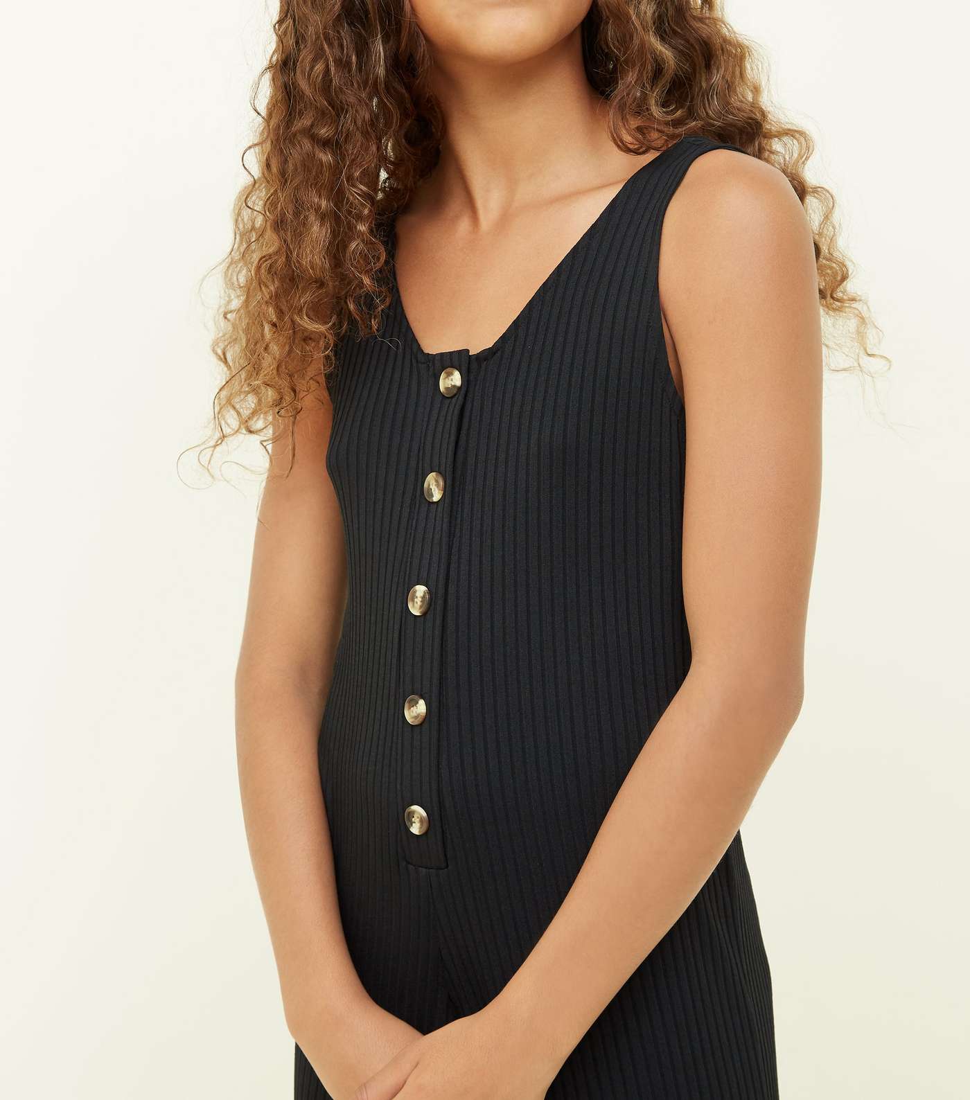 Girls Black Button Front Ribbed Jumpsuit Image 5