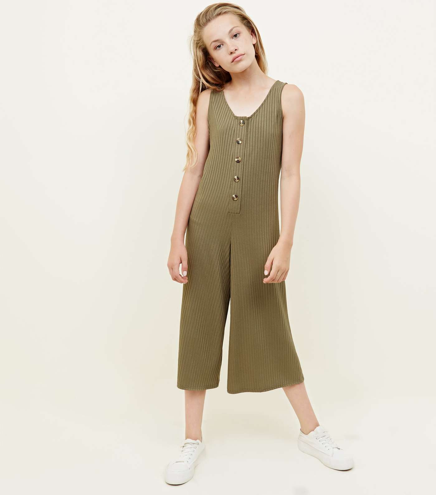 Girls Khaki Button Front Ribbed Jumpsuit