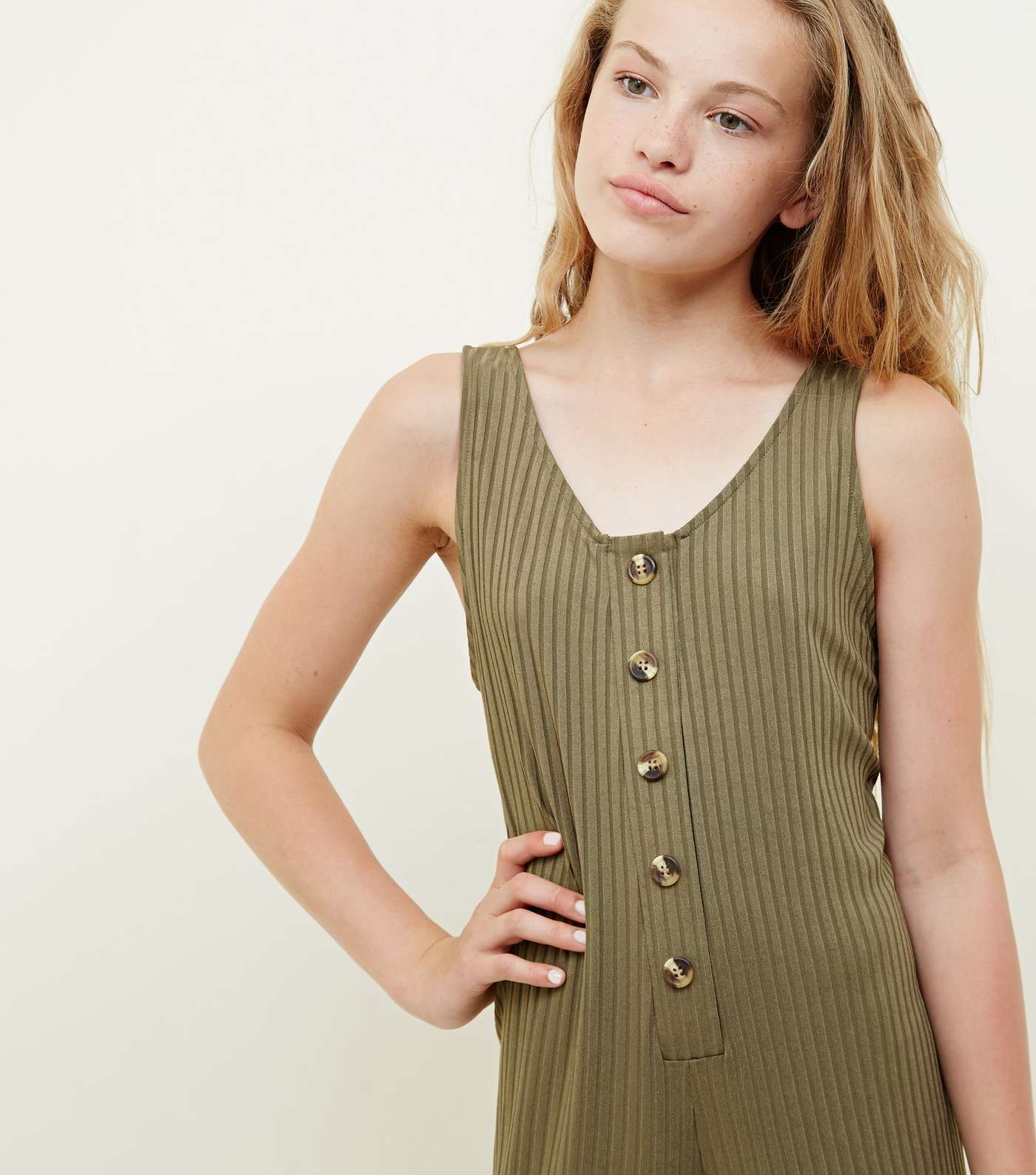 Girls Khaki Button Front Ribbed Jumpsuit Image 3