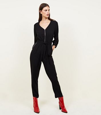 black jumpsuit zip front