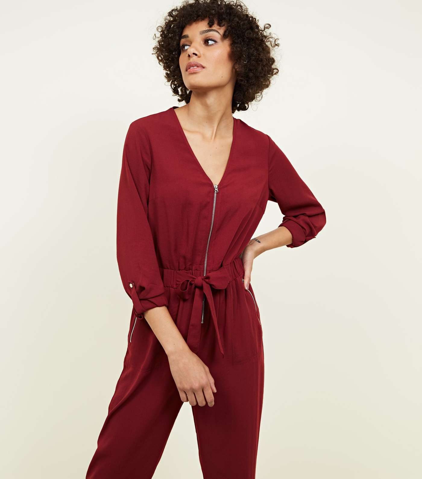 Burgundy Zip Front Tapered Leg Jumpsuit Image 2