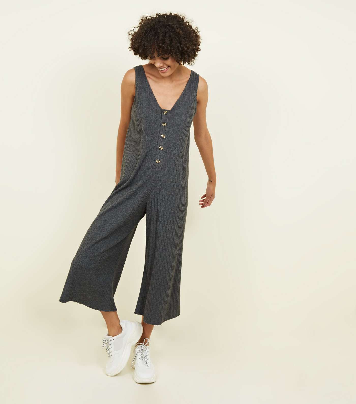 Grey Brushed Rib Button Front Jumpsuit