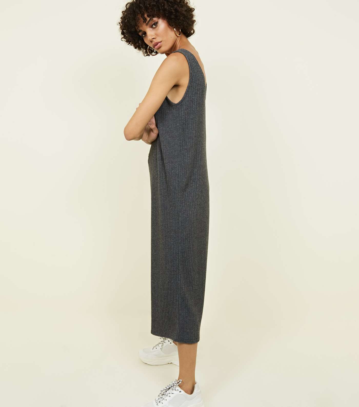 Grey Brushed Rib Button Front Jumpsuit Image 5