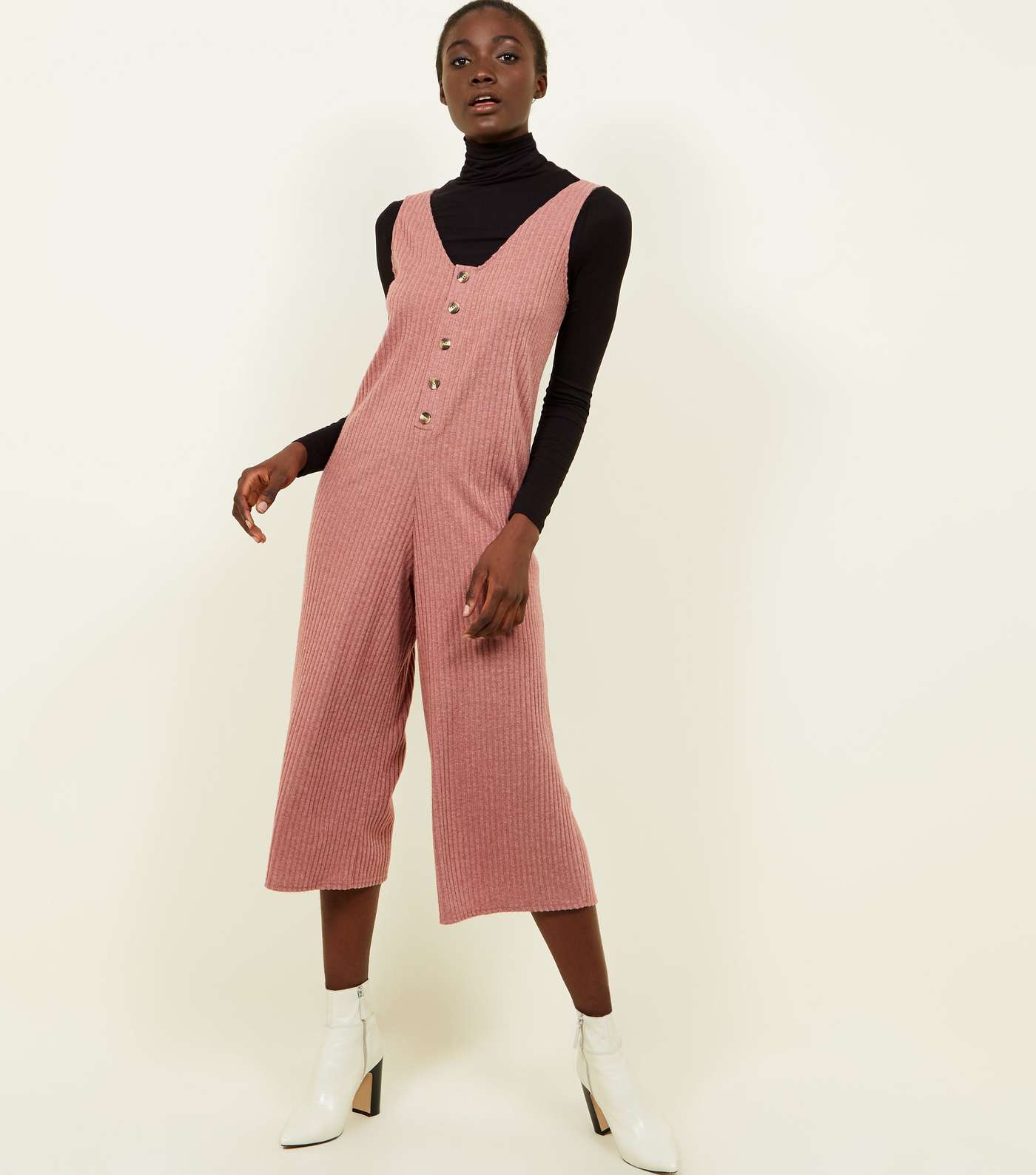 Pink Brushed Rib Button Front Jumpsuit