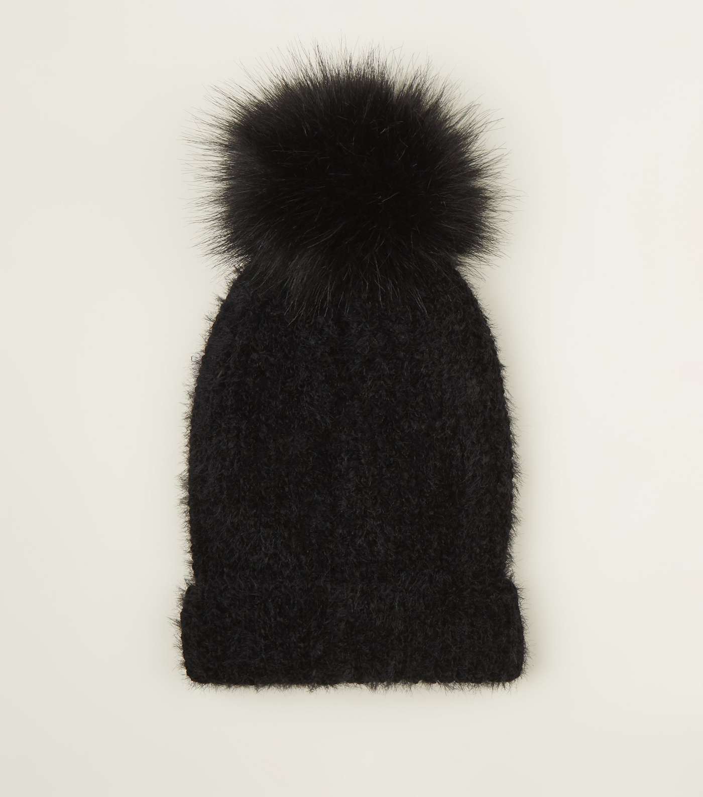 Black Ribbed Faux Fur Bobble Hat