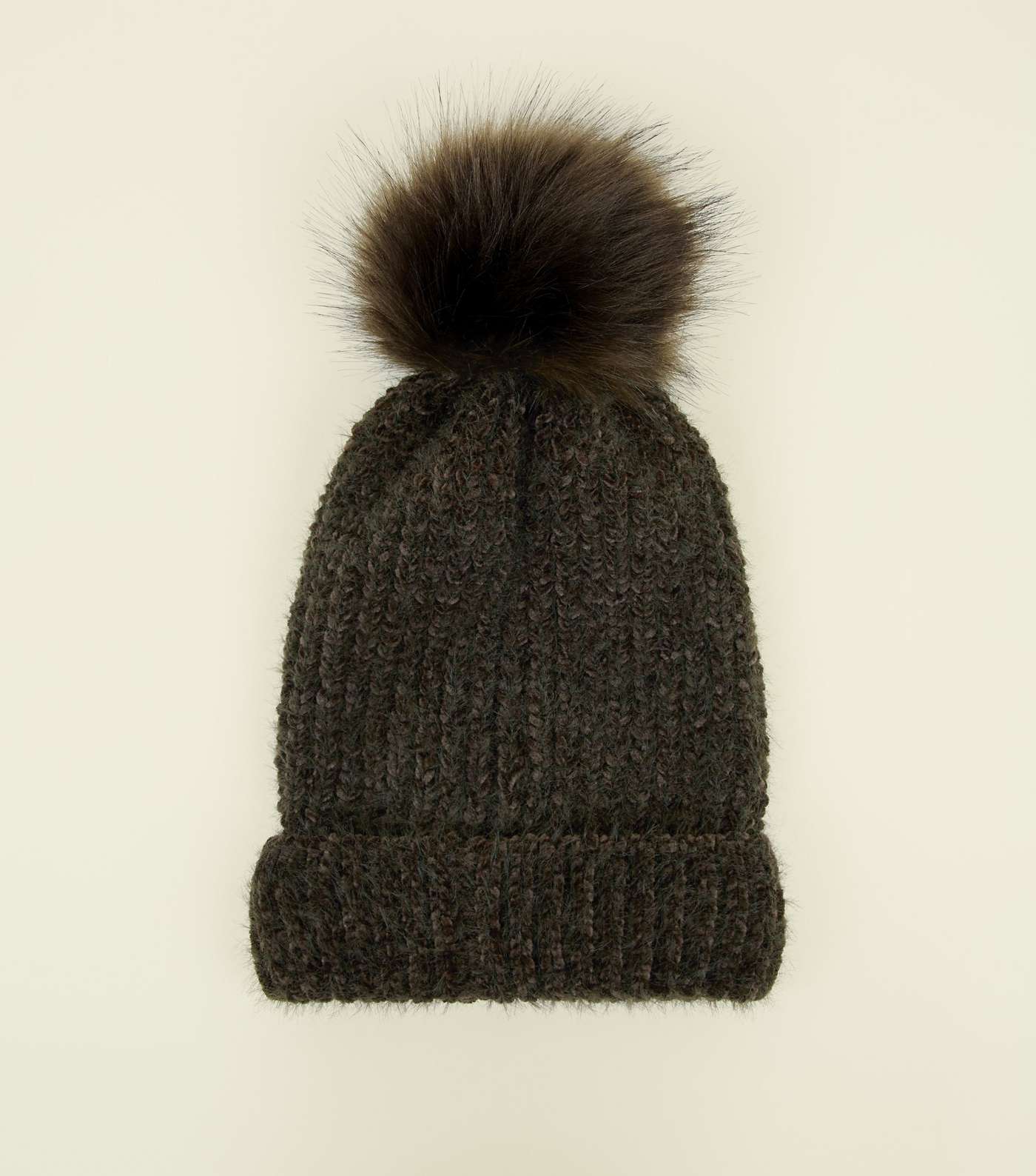 Khaki Ribbed Faux Fur Bobble Hat