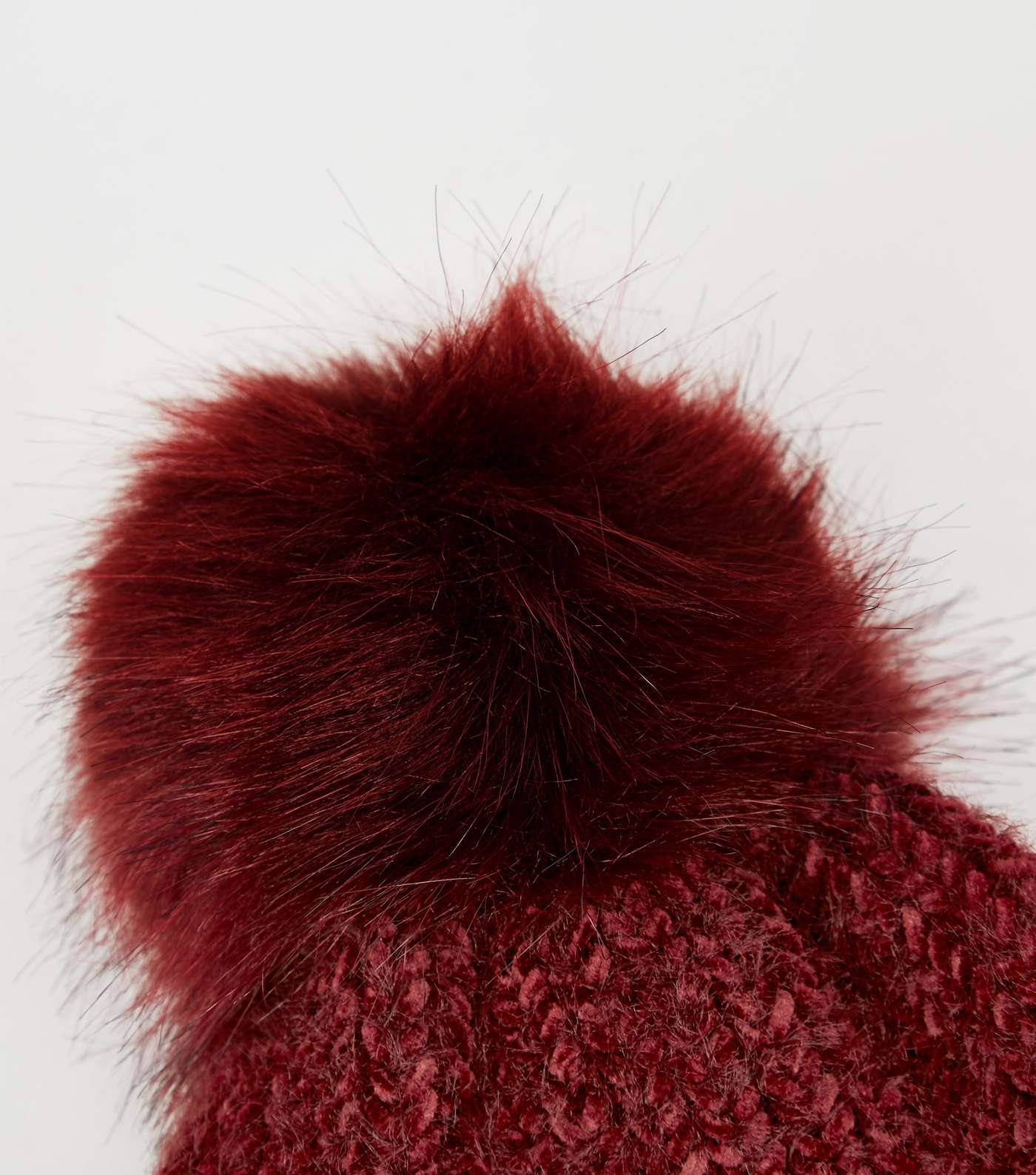 Burgundy Ribbed Faux Fur Bobble Hat Image 3