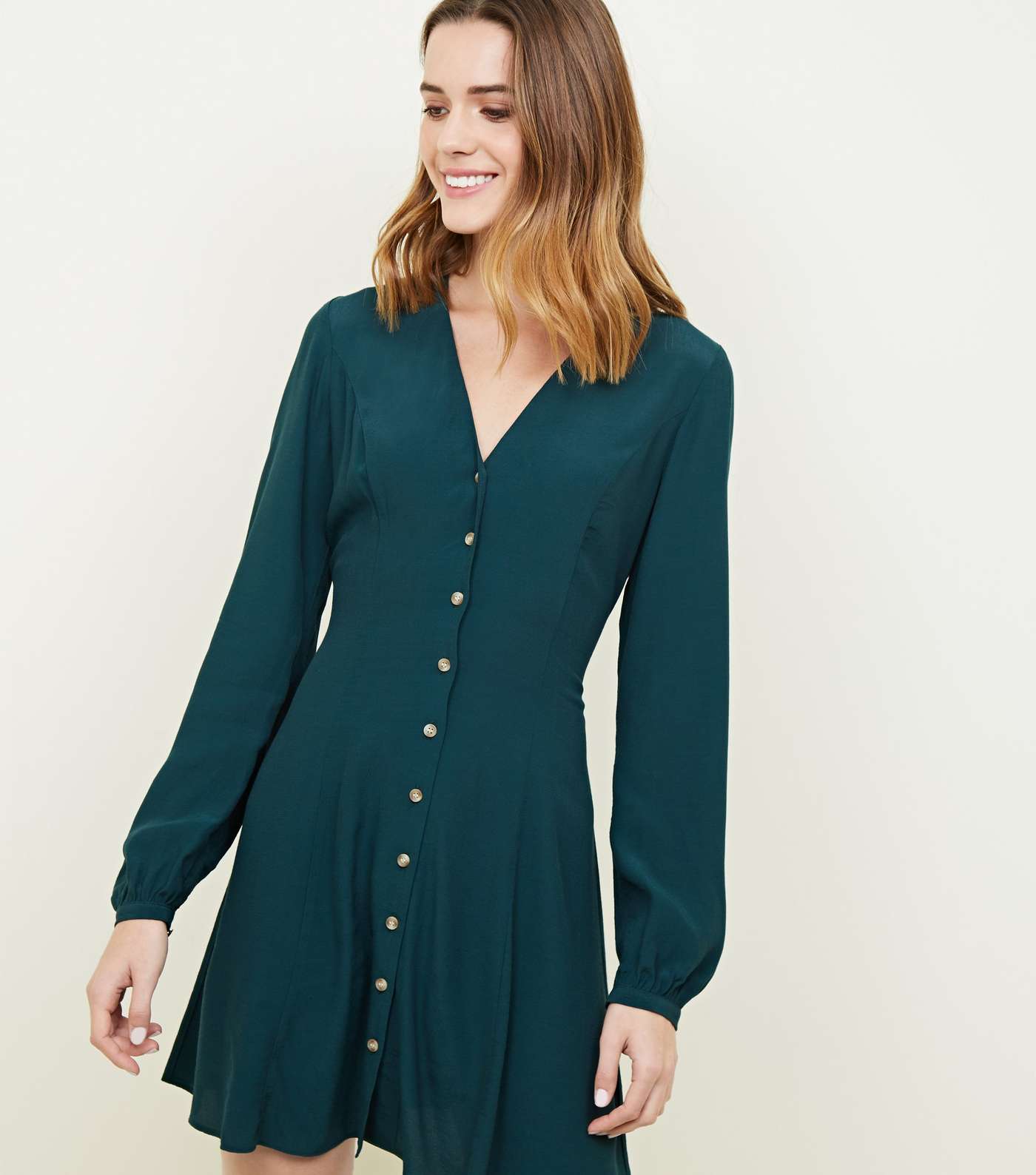 Dark Green Balloon Sleeve Button Front Tea Dress