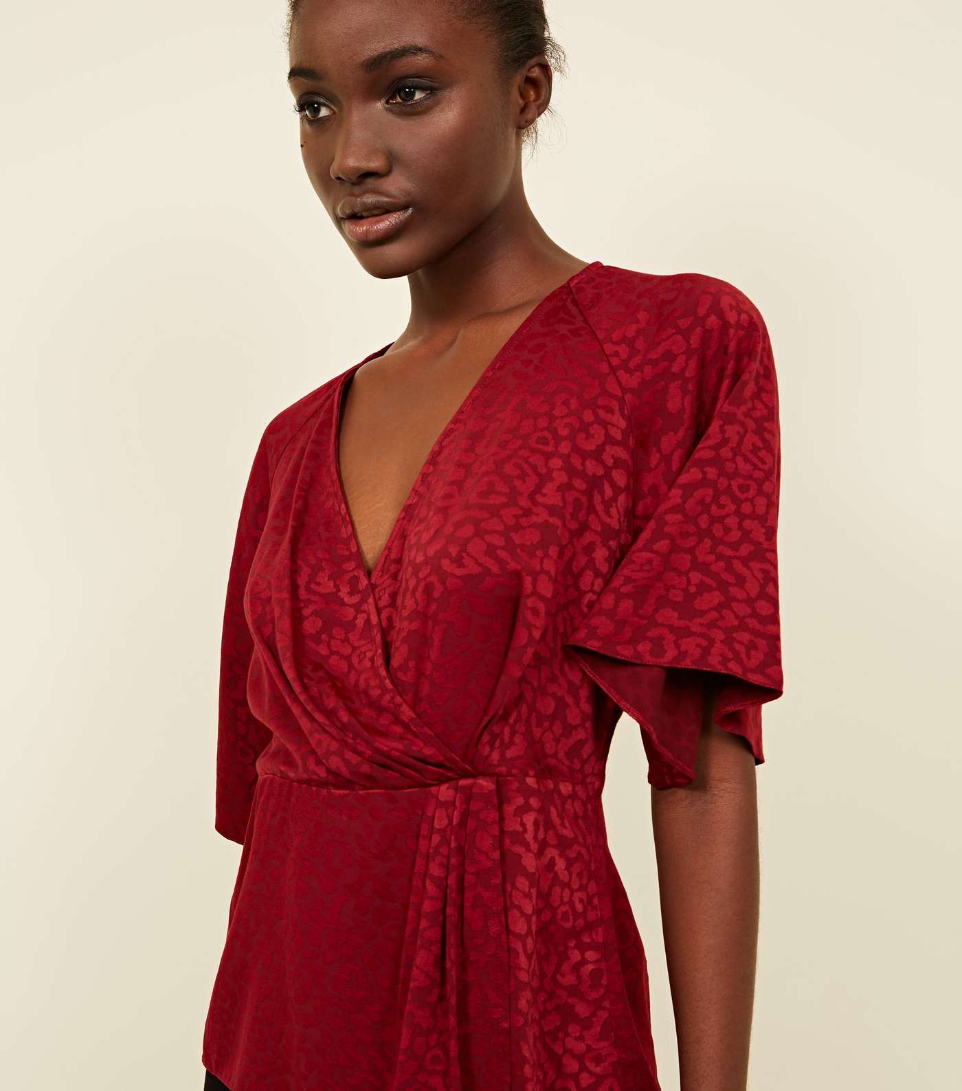 Red Leopard Jacquard Wrap Front Top