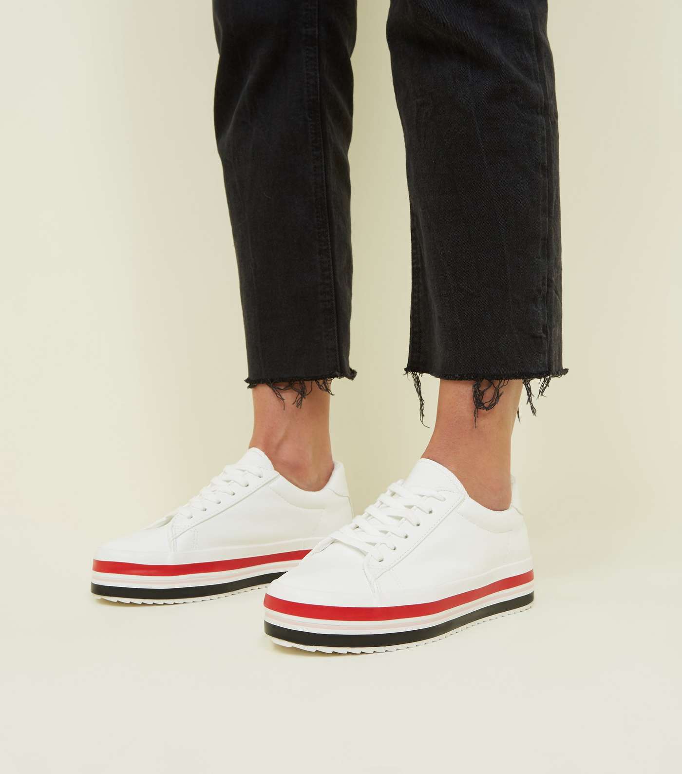 White Leather-Look Stripe Sole Flatform Trainers Image 2