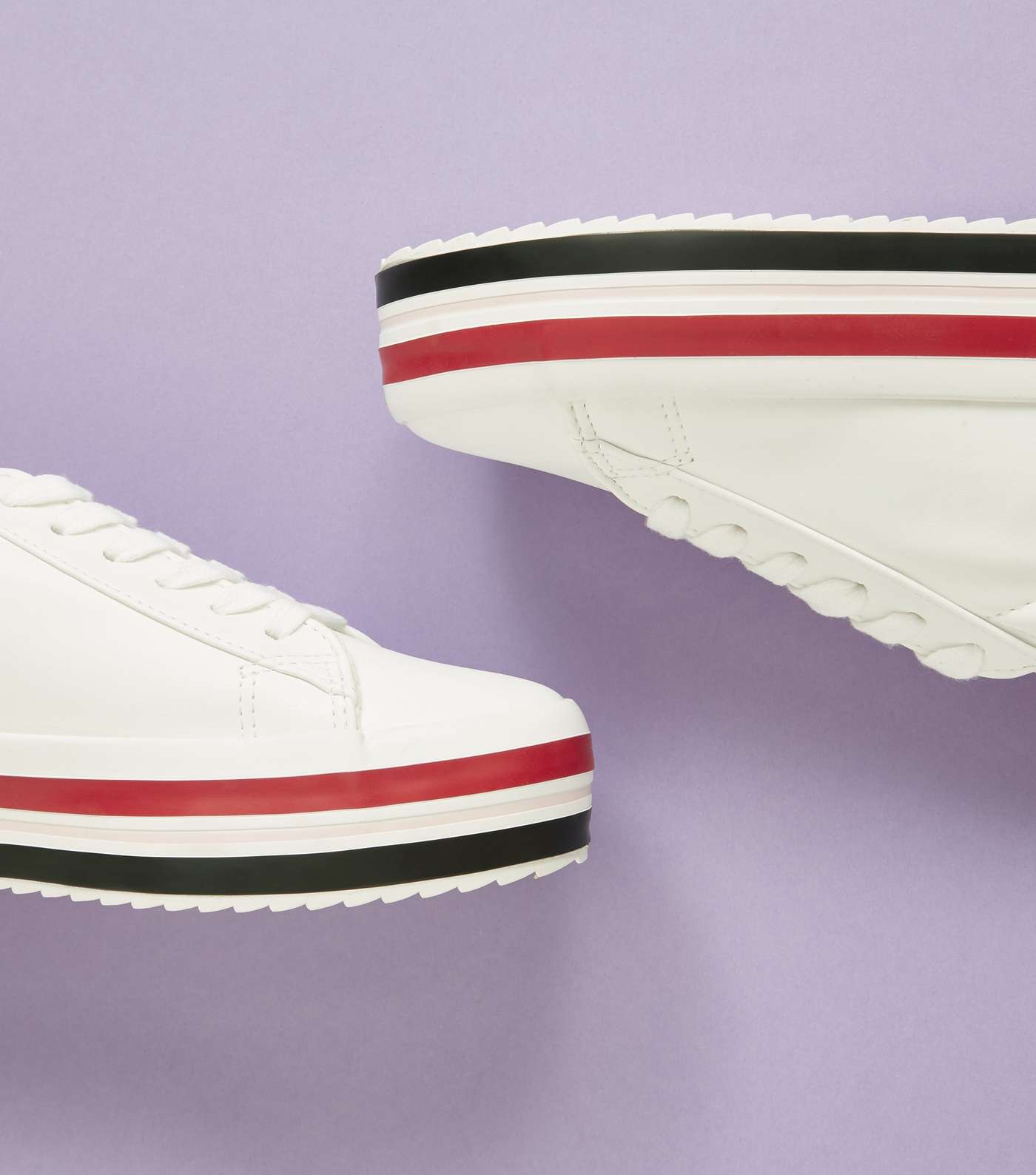 White Leather-Look Stripe Sole Flatform Trainers Image 4