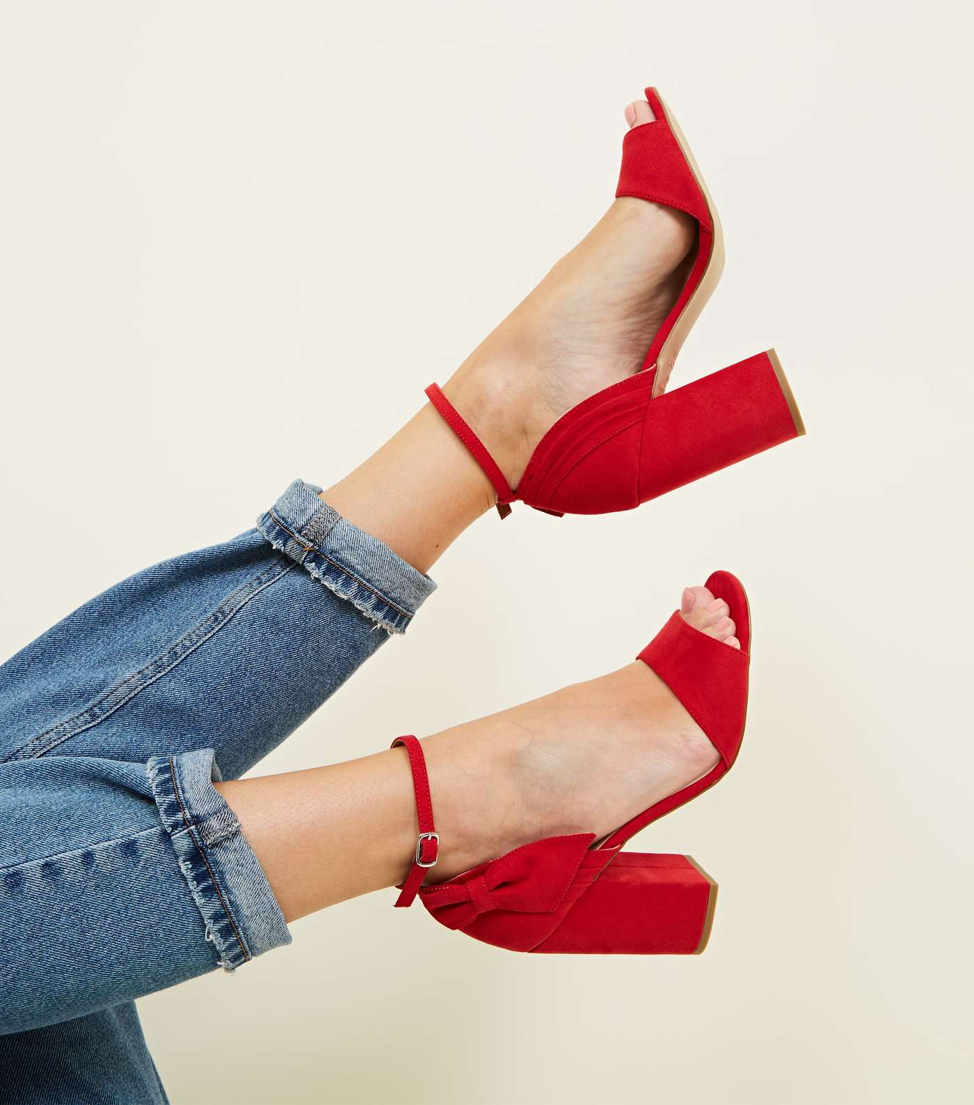 Red Suedette Side Bow Block Heels Image 2