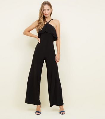 Black Frill Neck Trim Cross Strap Jumpsuit | New Look