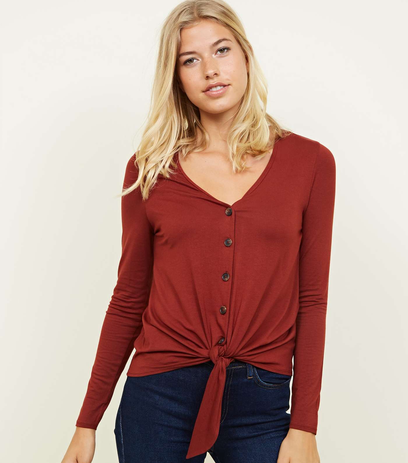 Rust V Neck Button Tie Front Top