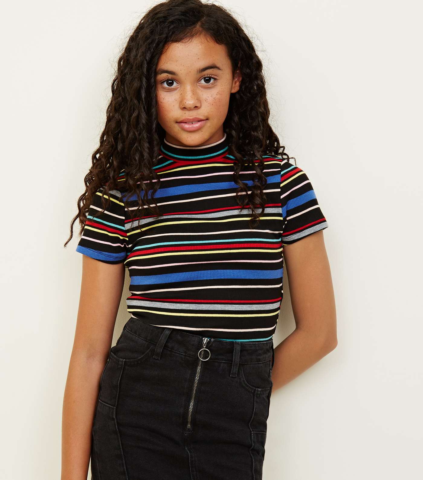 Girls Black Rainbow Stripe High Neck T-Shirt