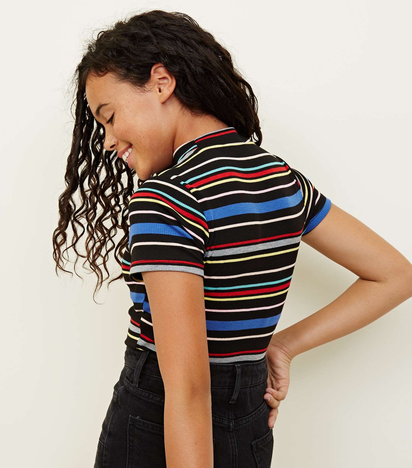 Girls Black Rainbow Stripe High Neck T-Shirt Image 3