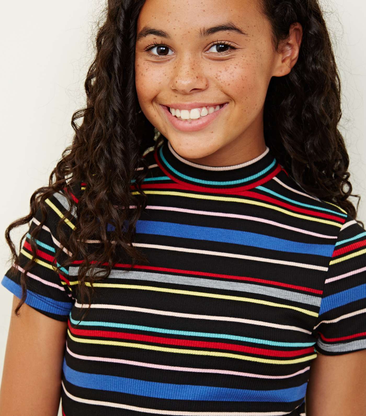 Girls Black Rainbow Stripe High Neck T-Shirt Image 5