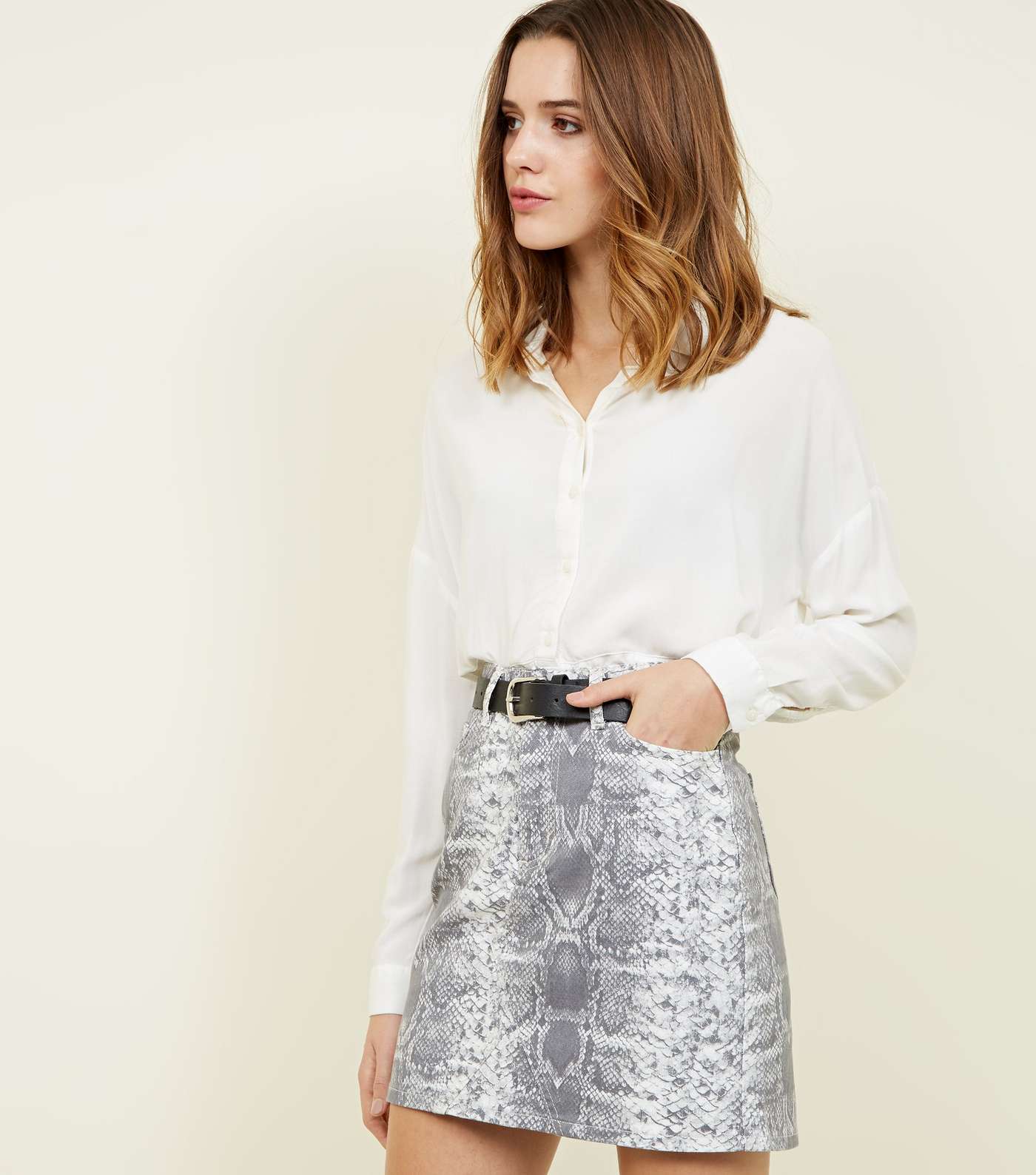Light Grey Snake Print Denim Skirt