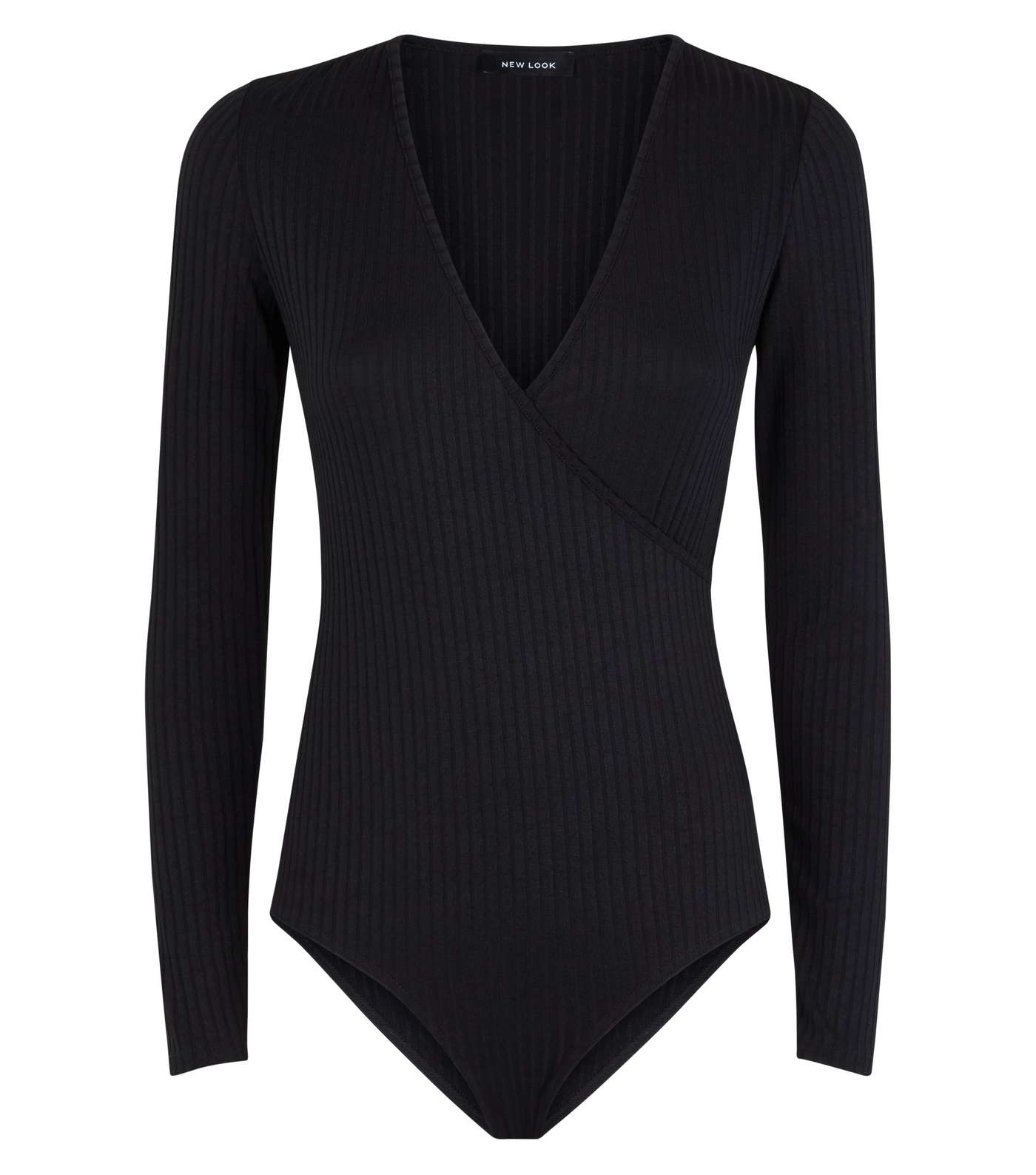 Black Ribbed Long Sleeve Wrap Bodysuit Image 4