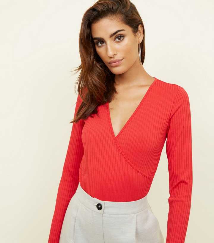Red Ribbed Long Sleeve Wrap Bodysuit