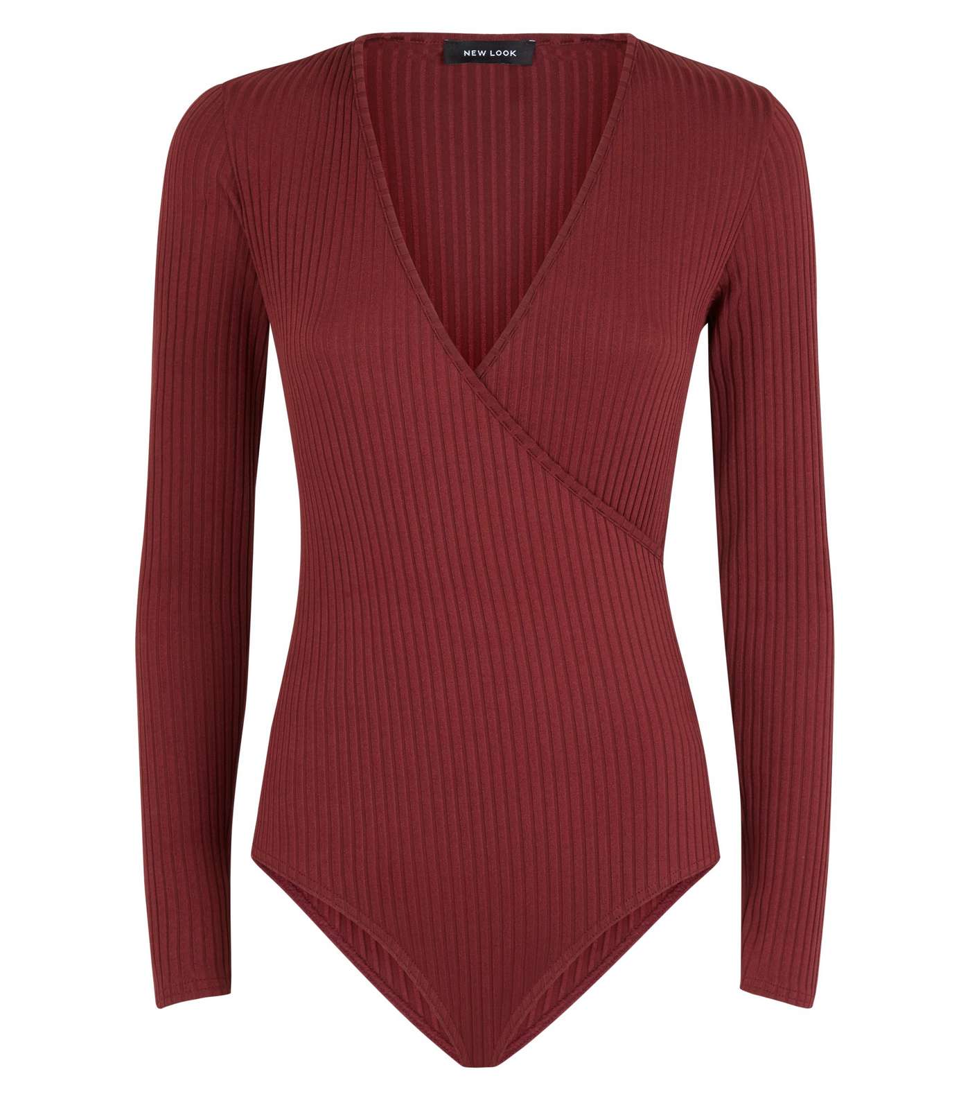 Burgundy Ribbed Long Sleeve Wrap Bodysuit Image 4