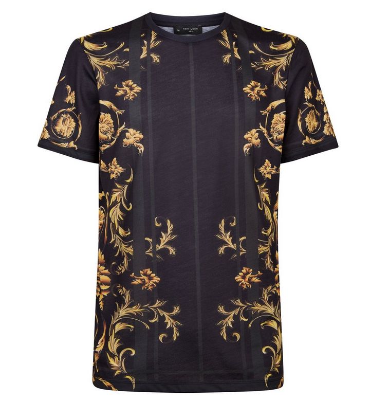 T Shirt In Schwarz Gold Mit Barockem Muster New Look