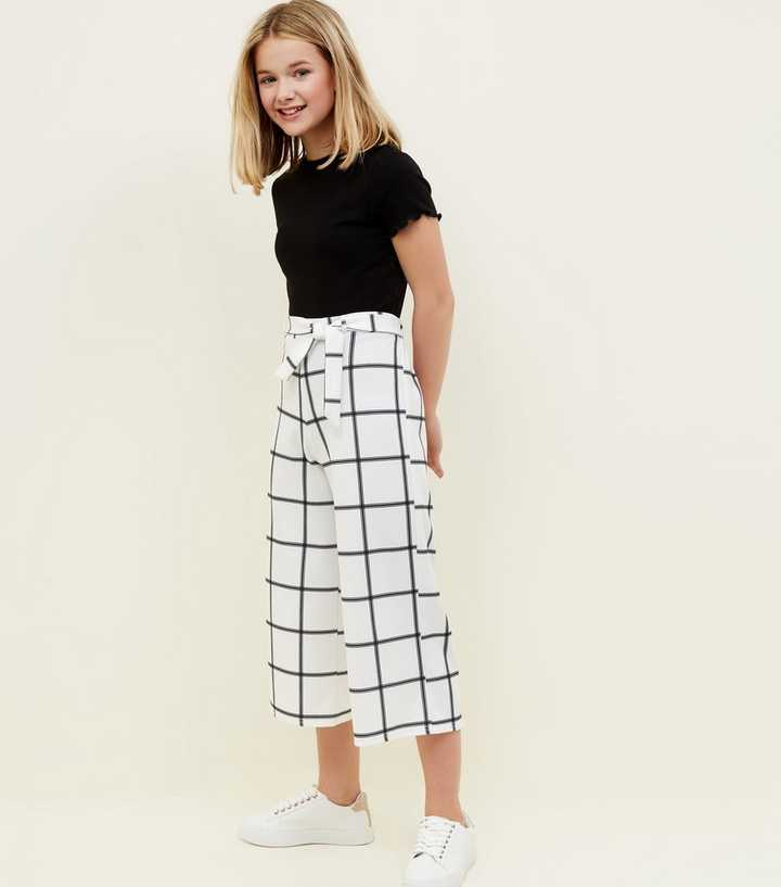 Girls White Grid Check Culottes