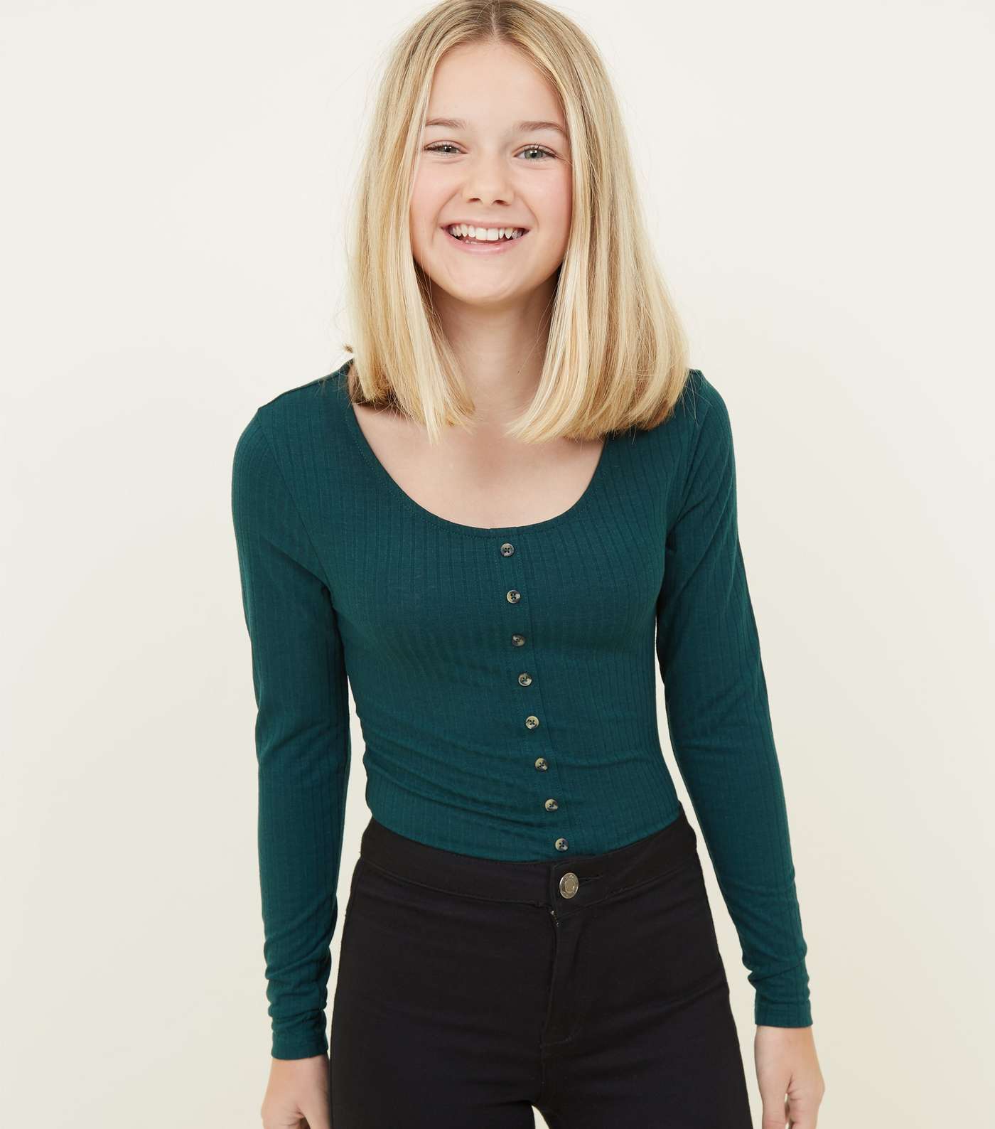 Girls Dark Green Ribbed Button Front Top 