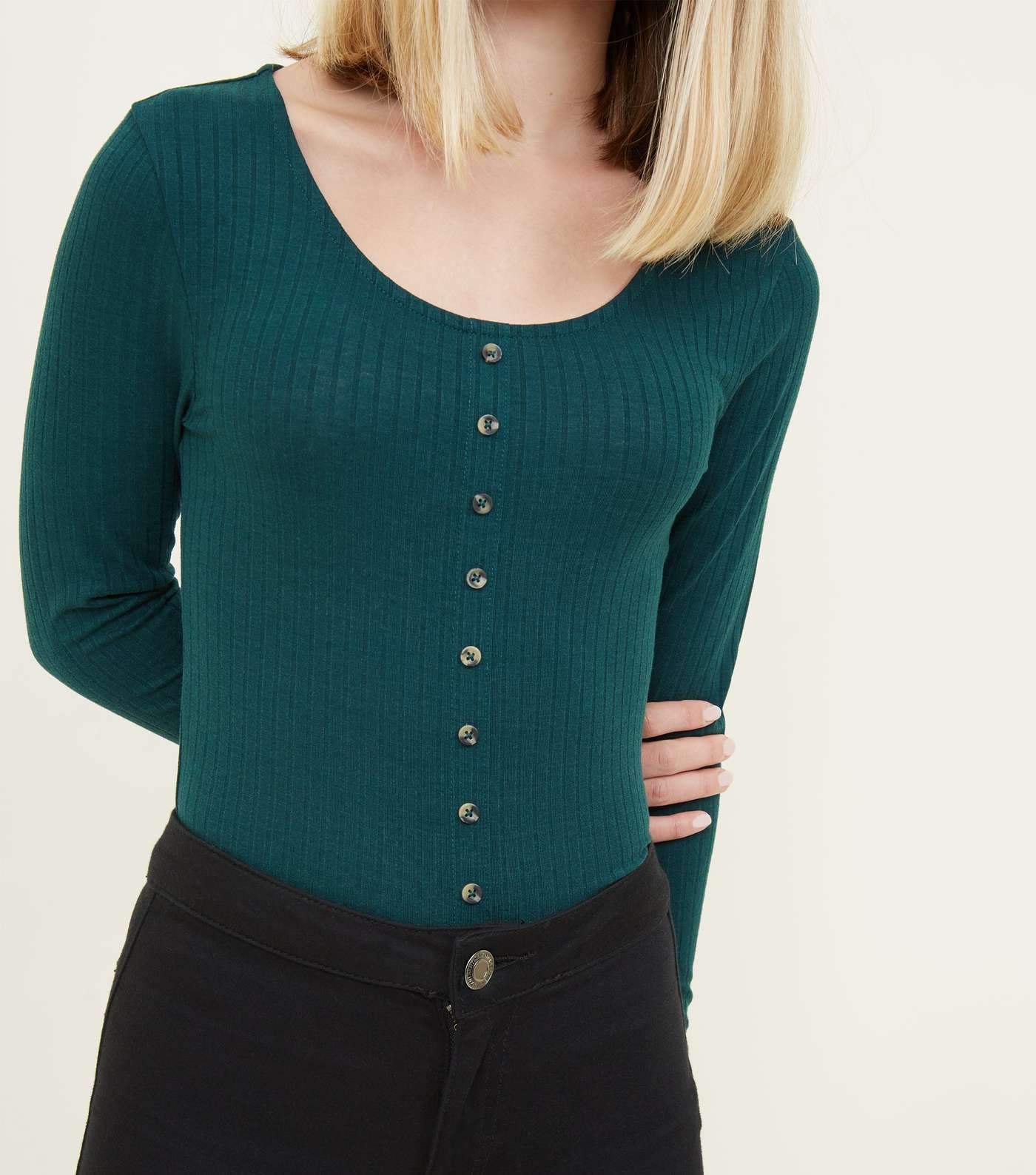 Girls Dark Green Ribbed Button Front Top  Image 5