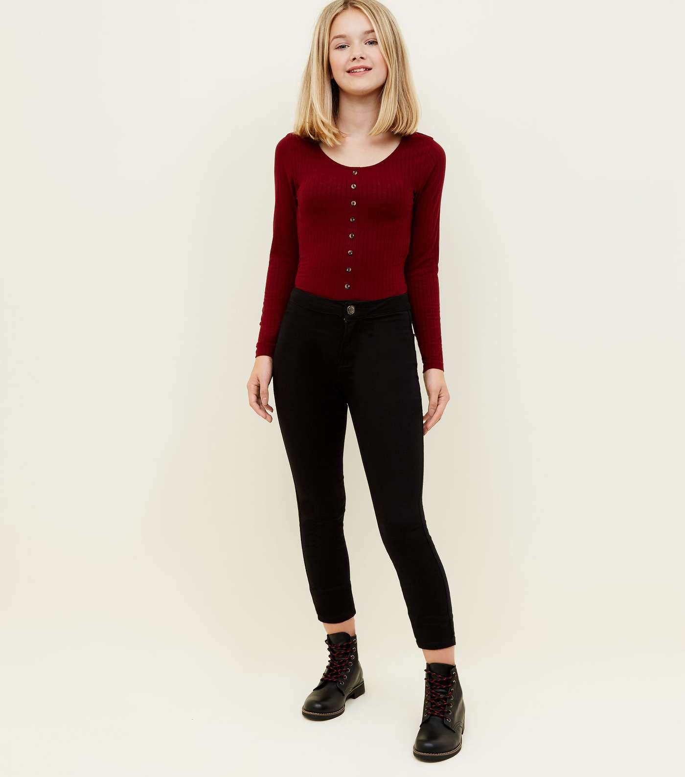 Girls Burgundy Ribbed Button Front Long Sleeve Top Image 2