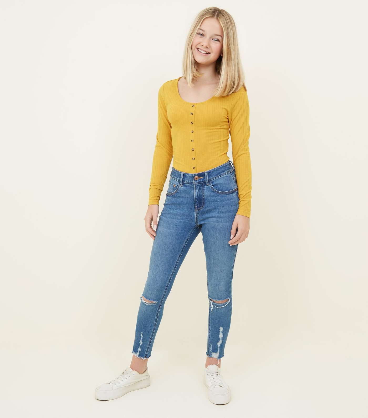 Girls Mustard Ribbed Button Front Top  Image 2