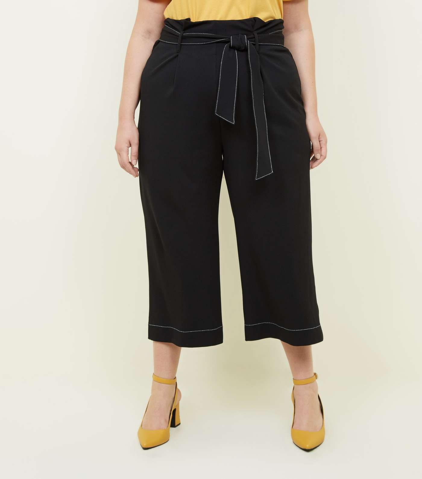 Curves Black Contrast Stitch Paperbag Trousers  Image 2