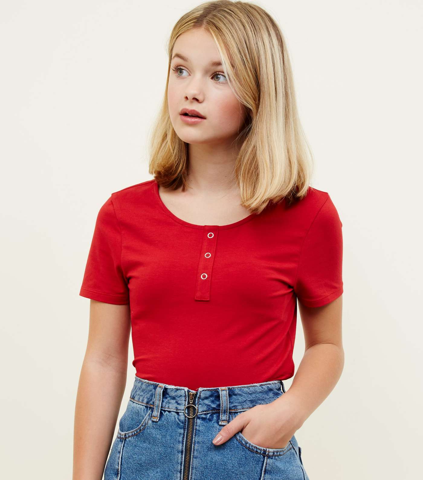 Girls Red Popper Front Fitted T-Shirt