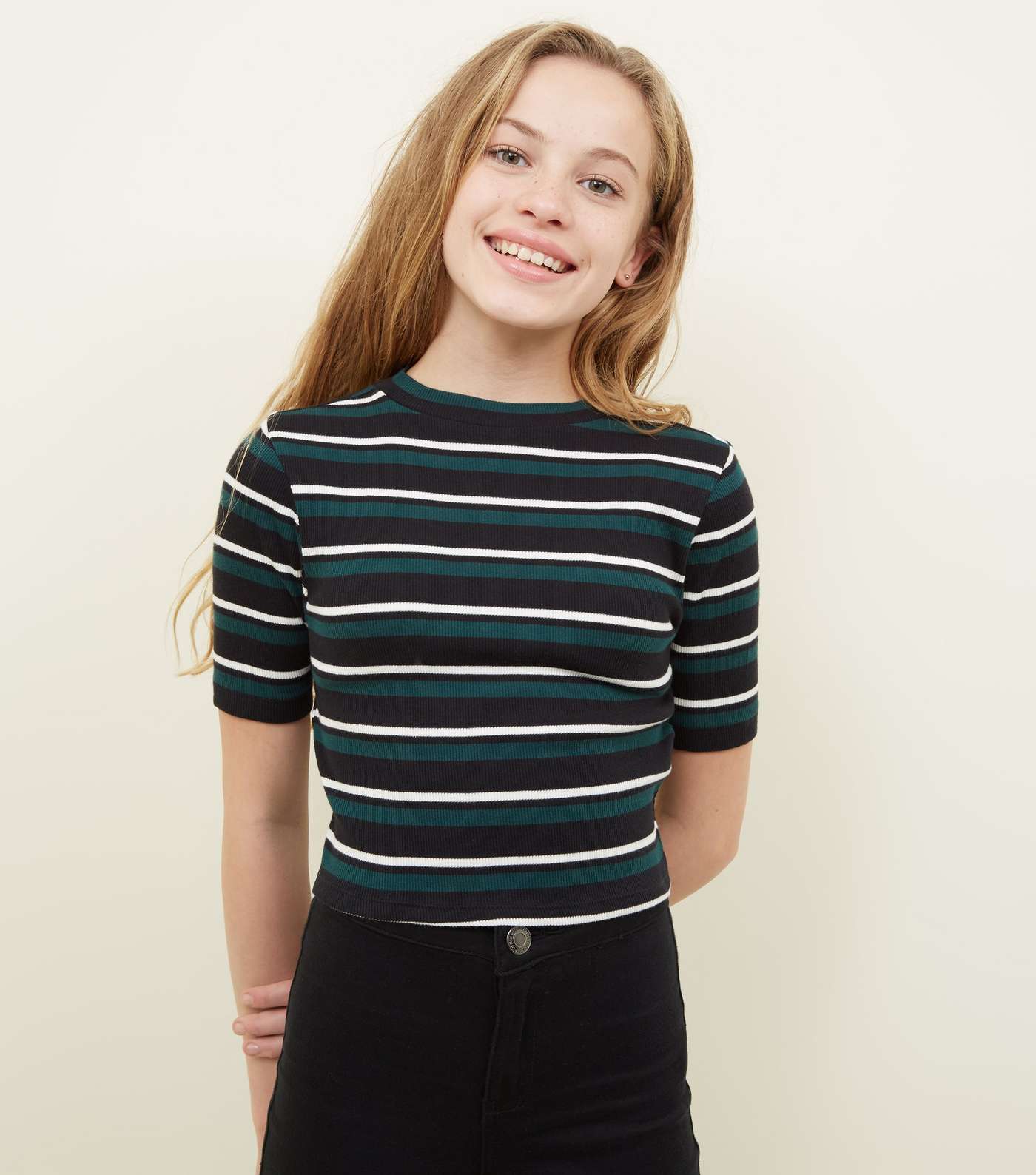 Girls Green Ribbed Stripe T-Shirt 