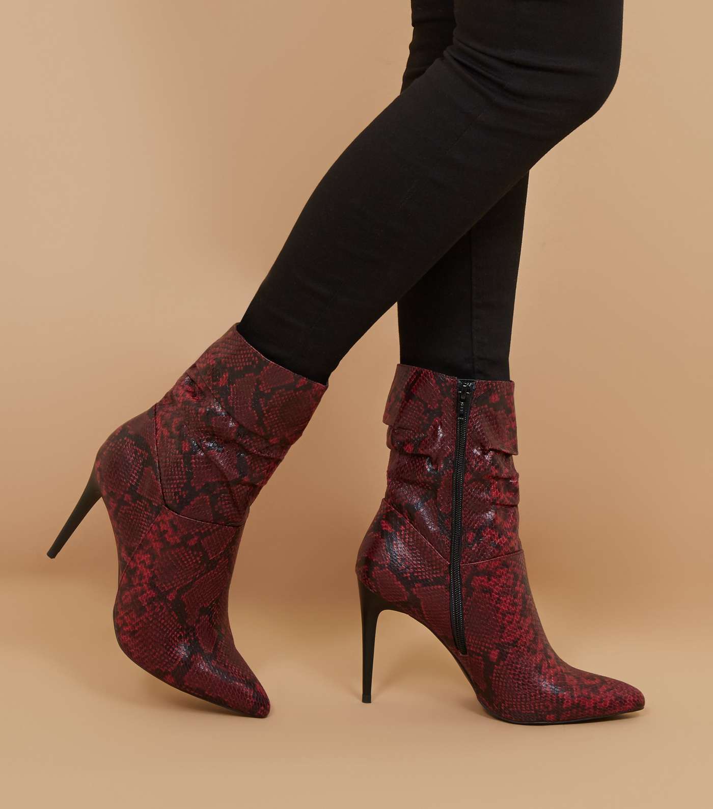 Red Faux Snake Stiletto Slouch Calf Boots Image 2