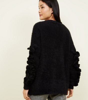 Black Frill Sleeve Fluffy Cardigan New Look