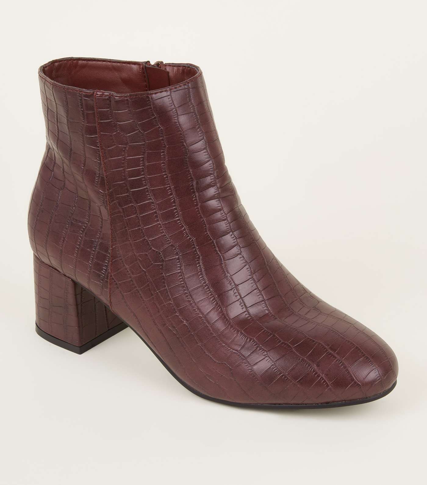 Wide Fit Dark Red Faux Croc Block Heel Ankle Boots