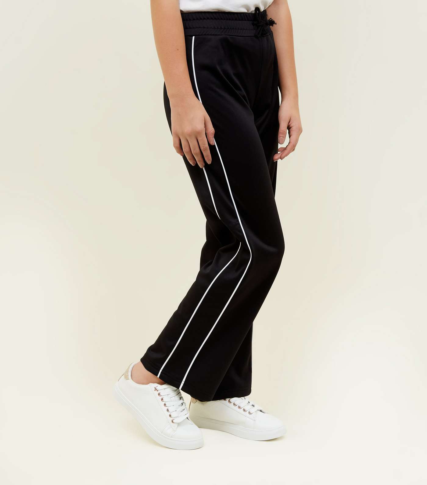 Girls Black High Shine Piped Side Stripe Joggers Image 2
